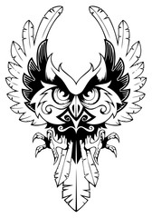 Owl spreading its wings, tattoo, vector illustration