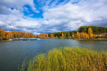 Autumn landscape. The Separate river (a tributary of the Ob river). Siberia, Russia