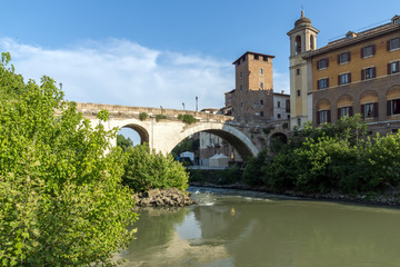 Amazing view of Castello Caetani, Tiber River and Pons Fabricius in city of Rome, Italy