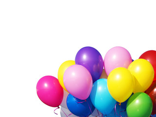 Fototapeta na wymiar Colorful balloons bunch filled with helium isolated on white background. Bunch of red, blue, white, pink, yellow, green and violet balloons