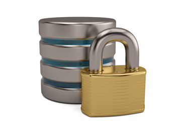 Database security concept database and lock on white background.3D illustration.
