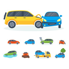 Car crash collision traffic insurance safety automobile emergency disaster and emergency repair transport vector illustration.