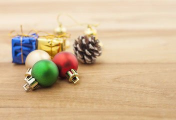 Christmas Decoration.Holiday Decoration on wooden Background. focus at front