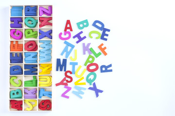 English alphabet wooden texture colorful on over white background