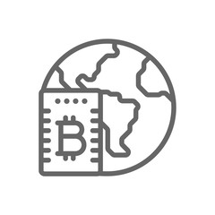 Bitcoin sign with the server and globe line icon. Cryptocurrency bitcoin cloud mining concept. Linear vector icon isolated on white transparent background.