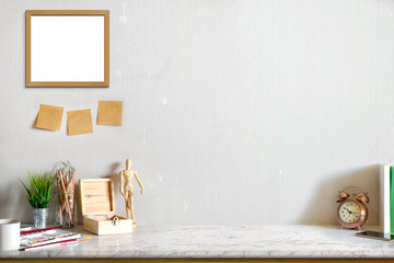 Loft desk work space with marble table, office supplies, documents, notebook and craft tools, mock up desk space concept.