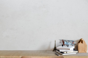 Loft desk work space with marble table, vintage toy, books. Mock up desk space concept. .copy space...