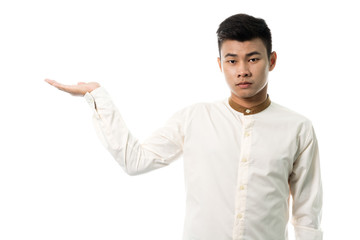 Handsome asian reception man portrait studio on white background