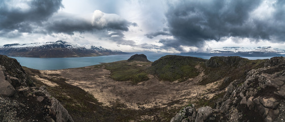 Dramatic panorama of Holmanes peninsula, Reydarfjordur, East Fjords, Iceland