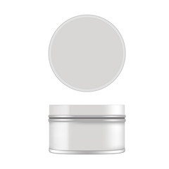 Mock up of round metal tin can for gift. Vector isolated on white background