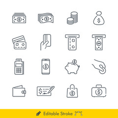 Money Related Icons / Vectors Set - In Line / Stroke Design with Editable Stroke