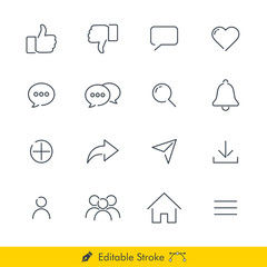 Social Network Related Buttons Icons / Vectors Set - In Line / Stroke Design with Editable Stroke