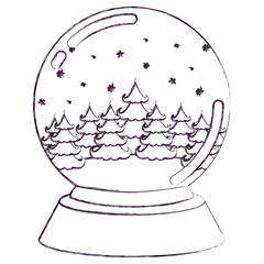christmas crystal ball with winter forest blurred silhouette on white background