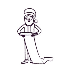 santa claus caricature full body holding a gift list in paper with hat and costume blurred silhouette on white background