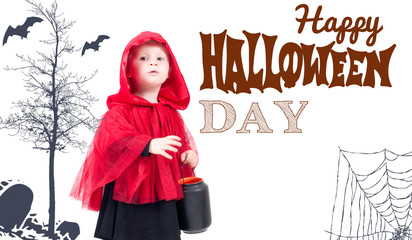 Halloween. Little Red Riding Hood. Beautiful little girl in a red raincoat.