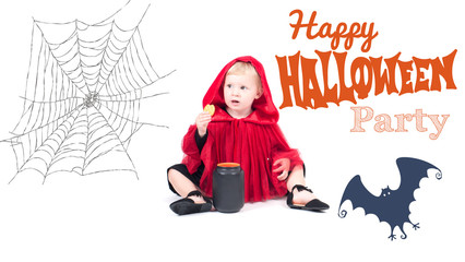 Halloween. Little Red Riding Hood. Beautiful little girl in a red raincoat.