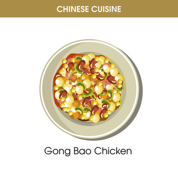 Chinese cuisine Gong Bao chicken traditional dish food vector icon restaurant menu