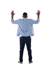 Man pretending to touch an invisible screen against white