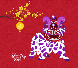 Chinese new year 2018 lantern, blossom and lion dance. Year of the dog