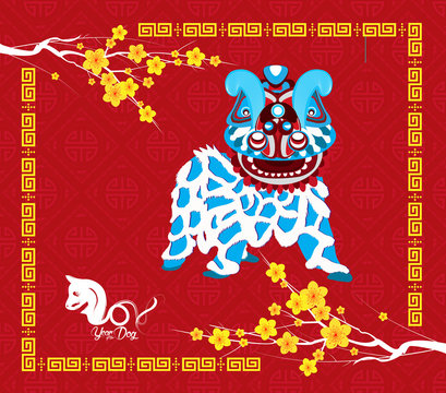 Chinese new year 2018. Year of  the dog background with lion dance