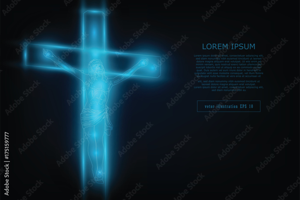 Wall mural glowing jesus pinned to a crucifix. vector mesh spheres from flying debris as component polygonal li