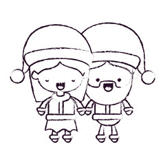 santa claus couple cartoon full body woman eyes closed and man happiness expression blurred silhouette on white background