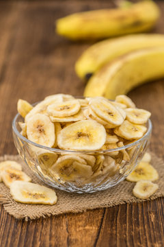 Dried Banana Chips close-up shot, selective focus