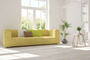 Idea of white room with sofa and summer landscape in window. Scandinavian interior design. 3D illustration