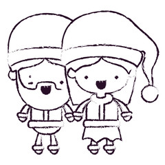 santa claus couple cartoon full body man wink eye and woman expression blurred silhouette on white background
