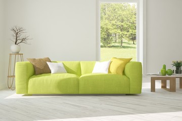 Idea of white room with sofa and summer landscape in window. Scandinavian interior design. 3D illustration
