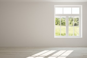 White empty room with summer landscape in window. Scandinavian interior design. 3D illustration