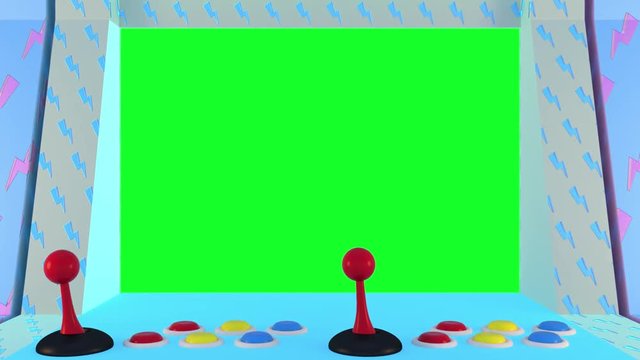 Looped 3d arcade game machine animation. Green screen chroma key background.