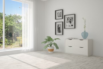White empty room with summer landscape in window. Scandinavian interior design. 3D illustration