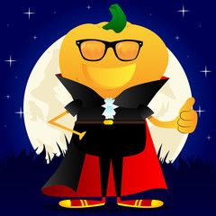 Jack O' Lantern with orange pumpkin instead of a head showing thumb up hand sign. Vector Halloween Cartoon Character.