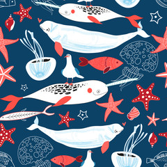 Fototapeta premium Pattern of sea whales and fish