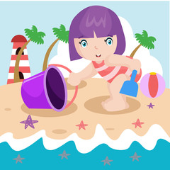Fototapeta na wymiar Little Girl Play On Beach Cartoon Vector Illustration