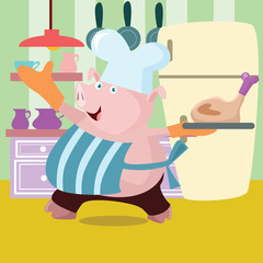 Cooking Pig Cartoon Vector Illustration