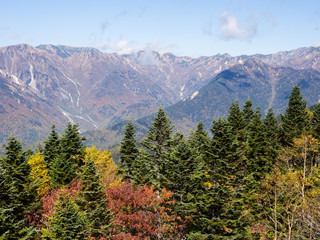 Early fall colors in Japanese Alps - view from Shin-Hotaka ropeway in Gifu prefecture, Japan
