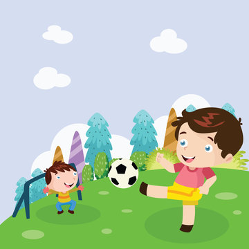 Kids Play Soccer Cartoon Vector Illustration