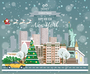 Christmas greeting card. Poster in flat style. Merry Christmas and Happy New Year, New York