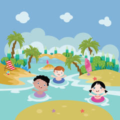 Kids Play on Lake Cartoon Vector Illustration