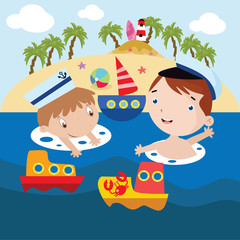 Kids Play on Beach Cartoon Vector Illustration