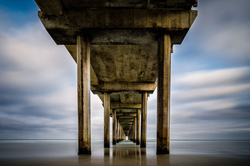 Tranquil ocean and beach under Scripps pier in La Jolla, California