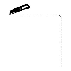 Sign Cut Here, Half of Square, With Cutter Isolated on White