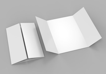 Single open gate fold brochure, 3 panel and six pages leaflet. blank white 3d render illustration.