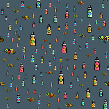 Vape device vector cigarette vaporizer vapor juice seamless pattern bottle flavor illustration battery coil.