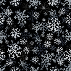 Fototapeta na wymiar Snowflake simple seamless pattern. Abstract wallpaper, wrapping decoration. Symbol of winter, Merry Christmas holiday, Happy New Year celebration.Seamless pattern of snowflakes on a black background