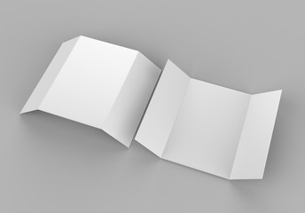 Single open gate fold brochure, 3 panel and six pages leaflet. blank white 3d render illustration.