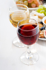 glasses with wine and snacks on white table, vertical