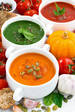 assortment of vegetable cream soups and ingredients, vertical, closeup
